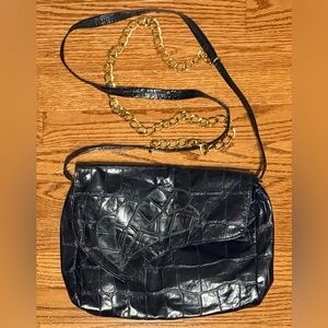 VTG 80s Saereun NY Genuine Soft Leather Gold Strap Shoulder Crossbody Hand Bag